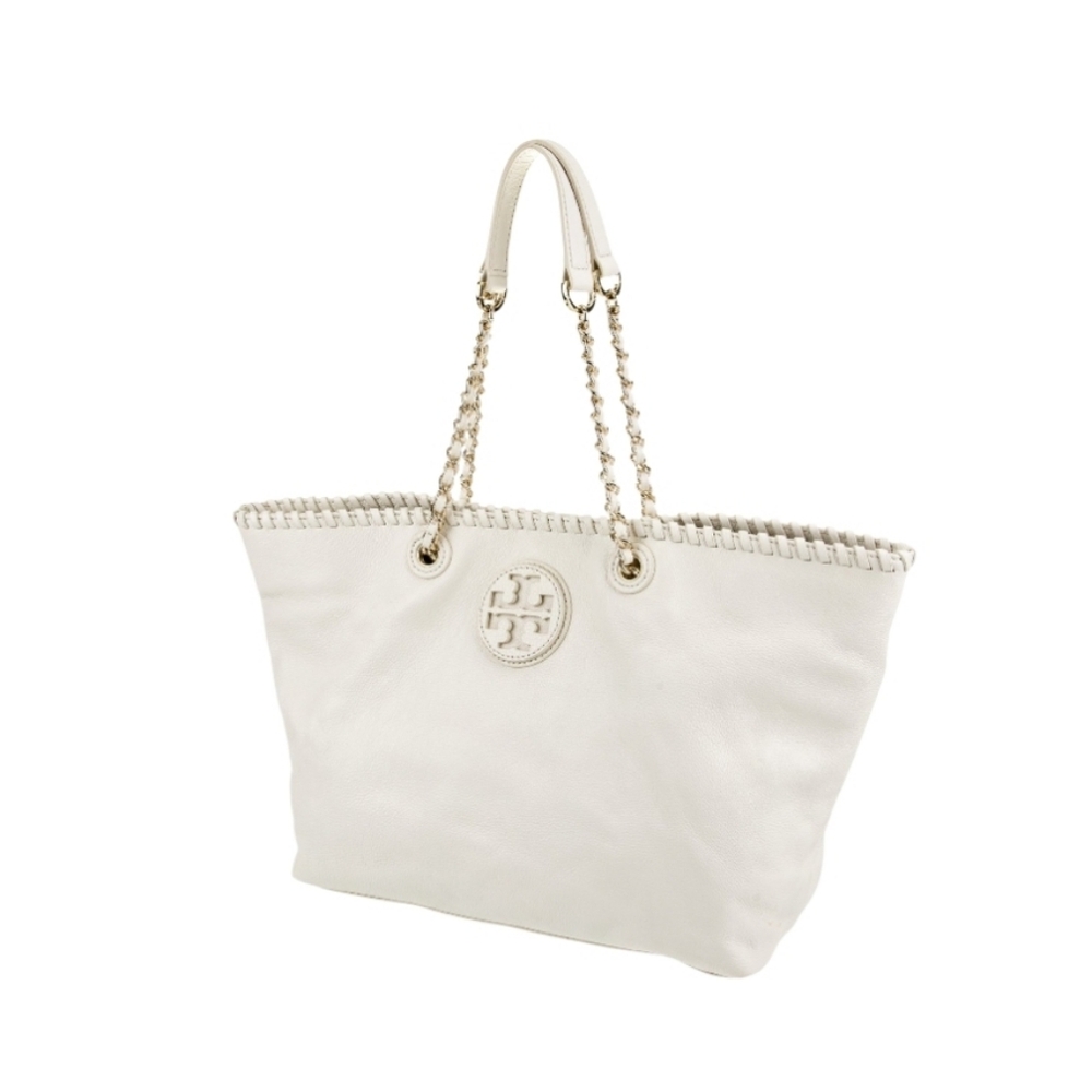 🚫SOLD🚫 Tory Burch Ivory Marion Whipstitch Trim Pebbled Leather Chain Tote Bag - Picture 2 of 12
